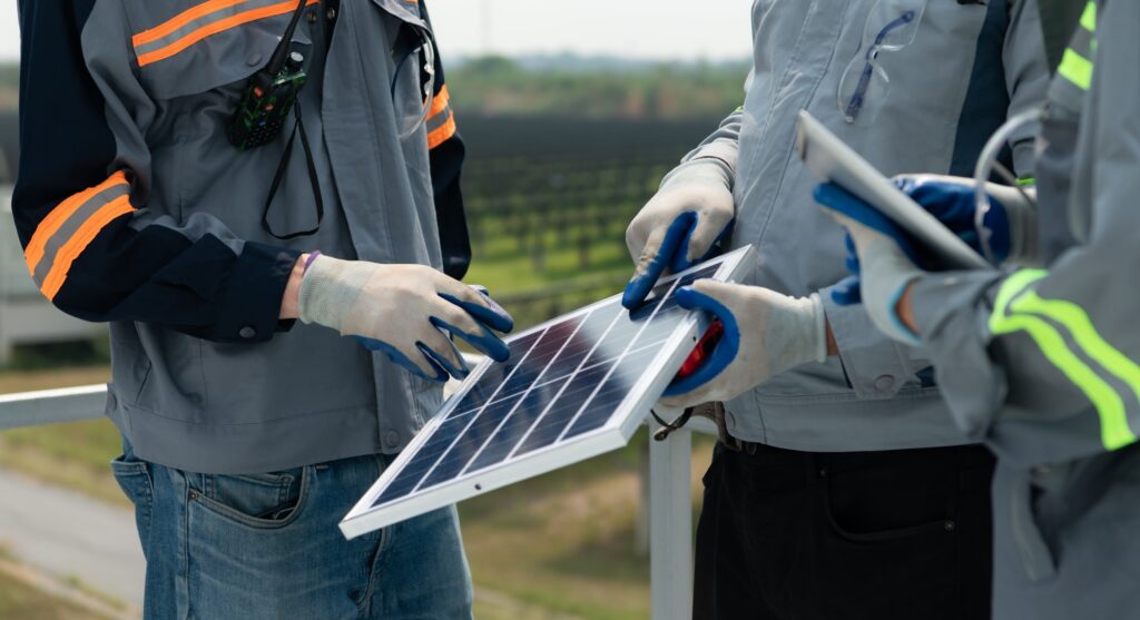 On the rooftop of a large solar energy storage station building,